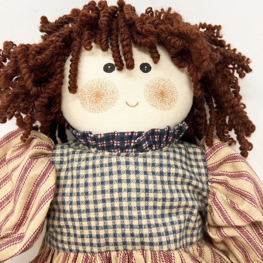 Vintage‎ Handmade Cloth Kit Doll 15" Red & Beige Ticking Stripe Dress Hearts